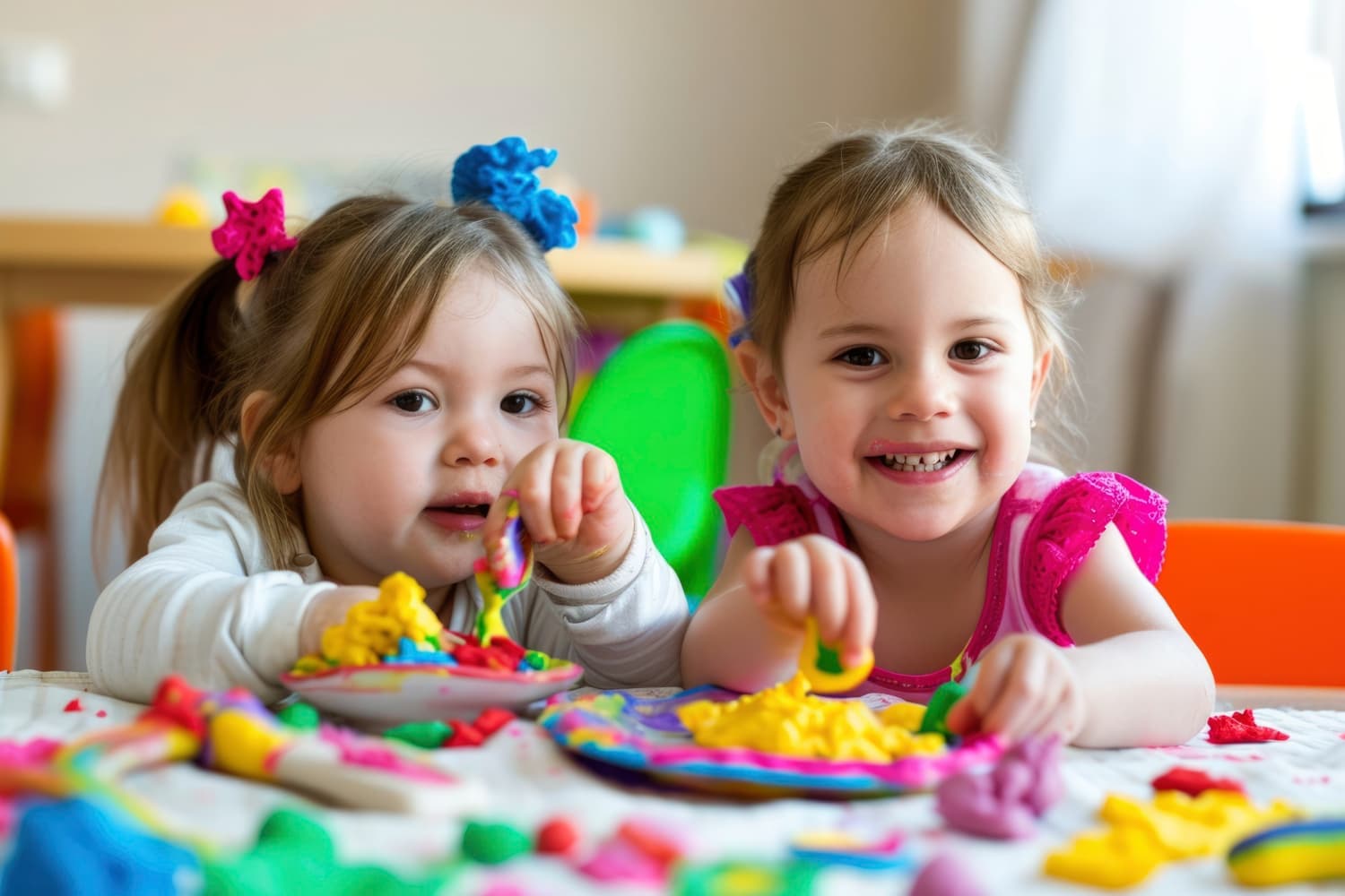 Two children smiling while doing a colorful classroom activity.