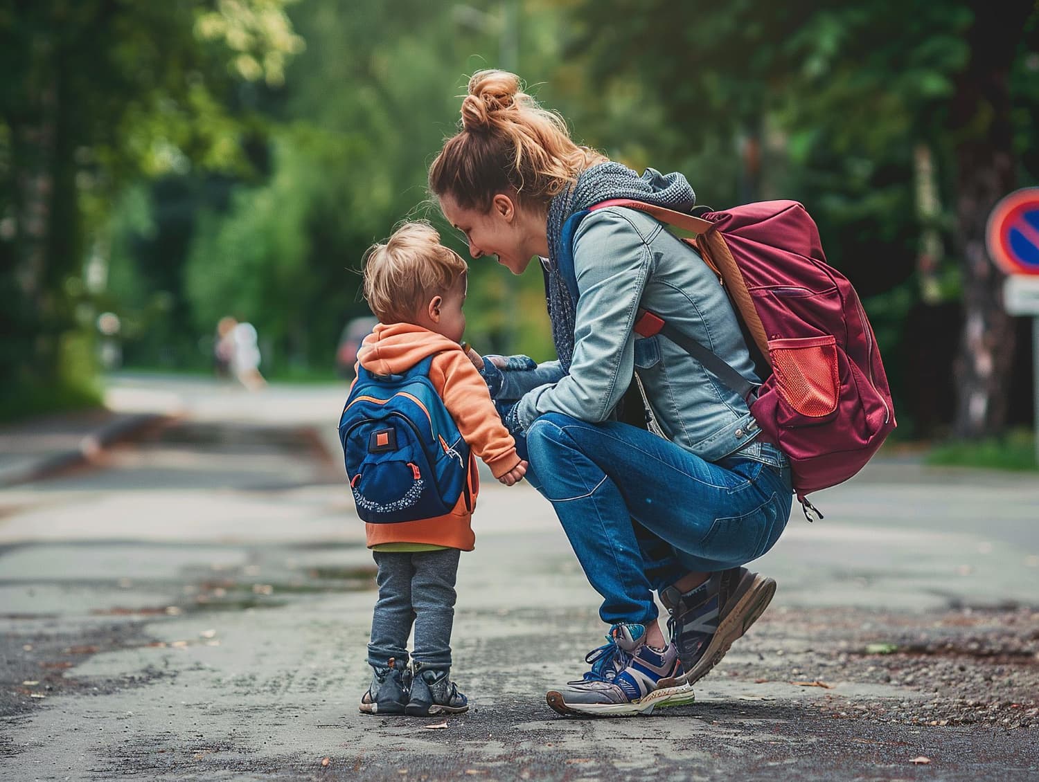 A caregiver crouching to talk with a young child outdoors.