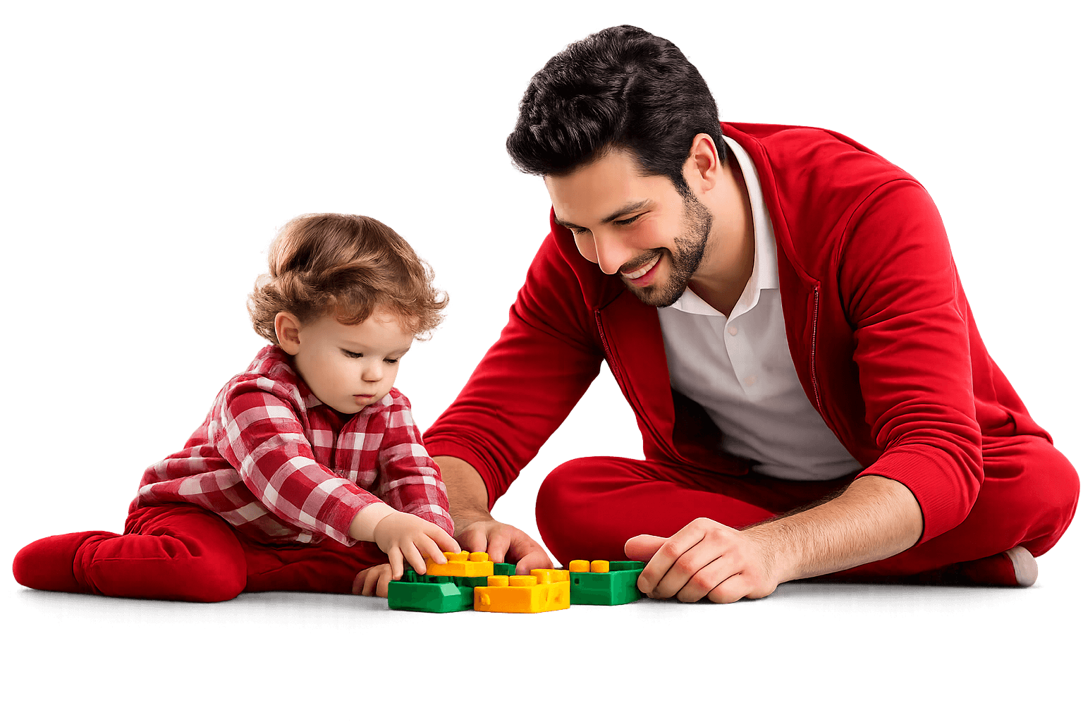 An adult and child sitting together on the floor and playing with colorful blocks.