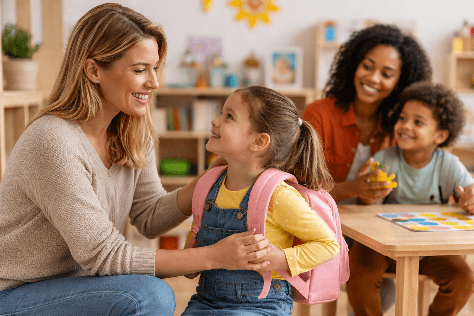 A teacher and young children sharing a joyful moment in a classroom.