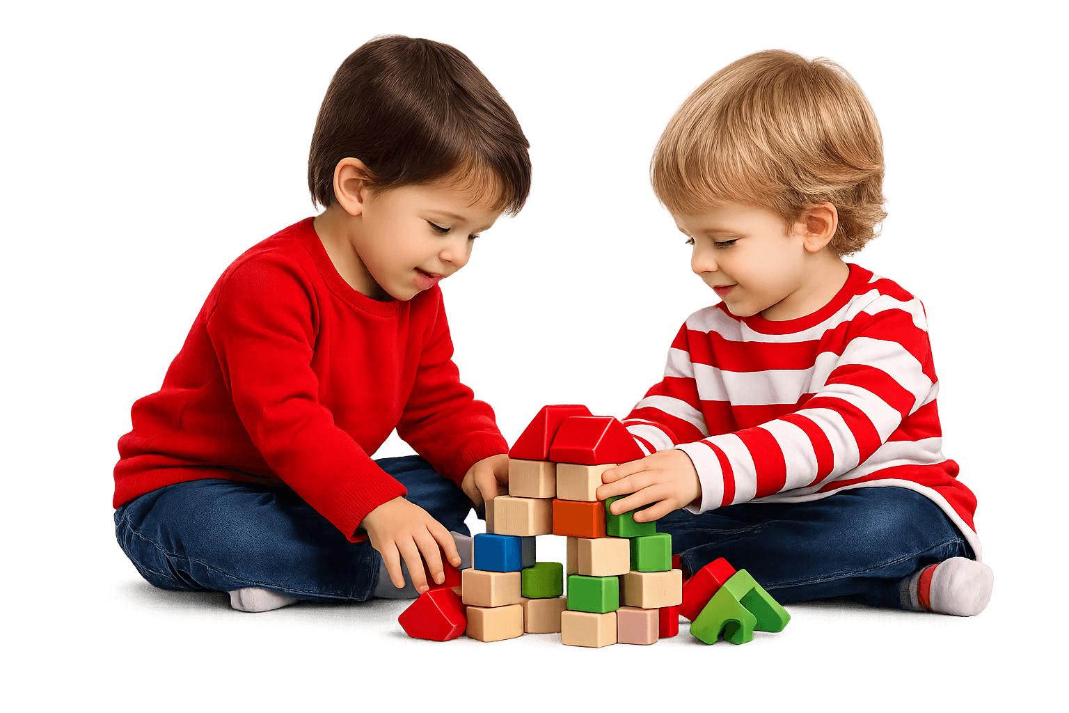 An adult and child sitting together on the floor and playing with colorful blocks.