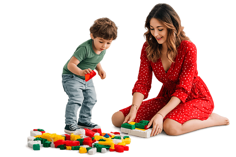Adult and child building with colorful blocks.