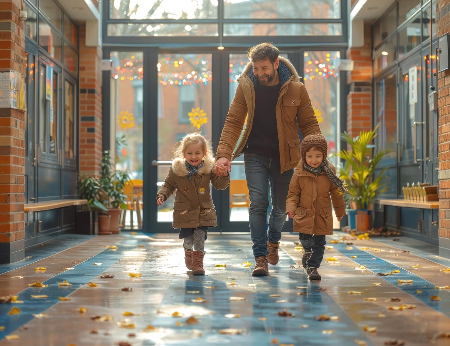 A parent walking through a bright preschool hallway with two young children.