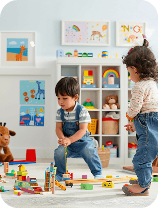 A young girl exploring her surroundings in the classroom.