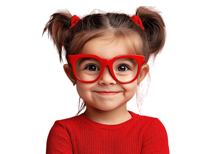 Young girl with red glasses smiling.