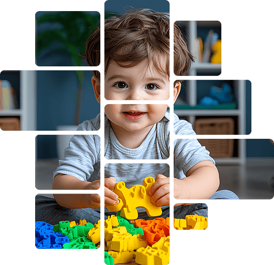 Child sitting and playing with colorful educational blocks.