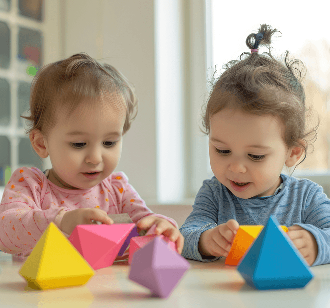 Two children playing with colorful learning blocks.