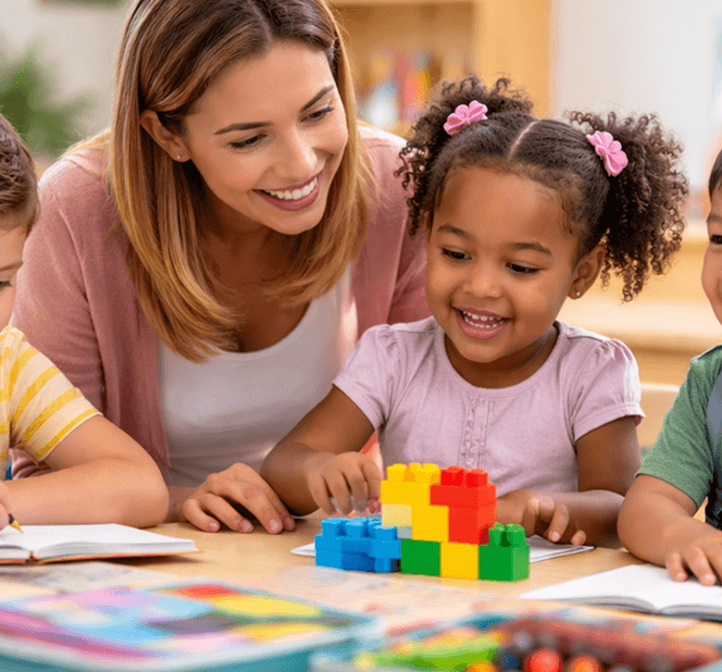 Adult and child building with colorful blocks.